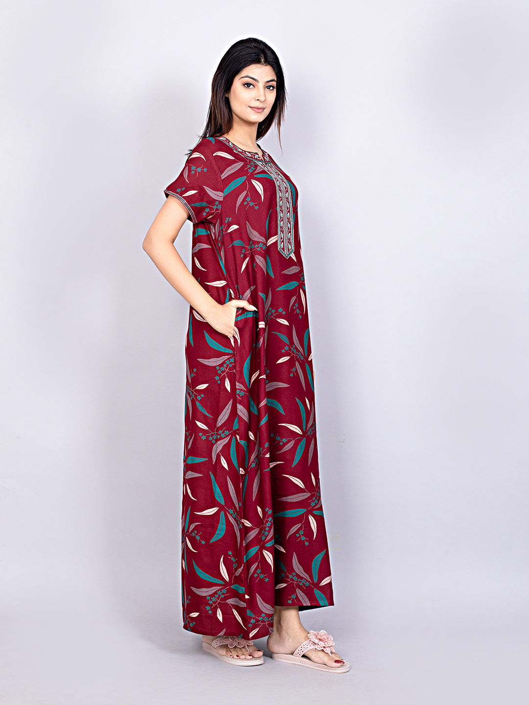 Printed Short Sleeves Full Length Night Wear Gown