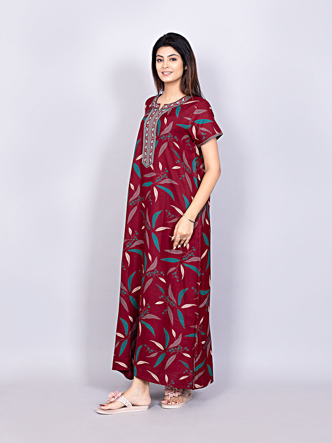 Printed Short Sleeves Full Length Night Wear Gown