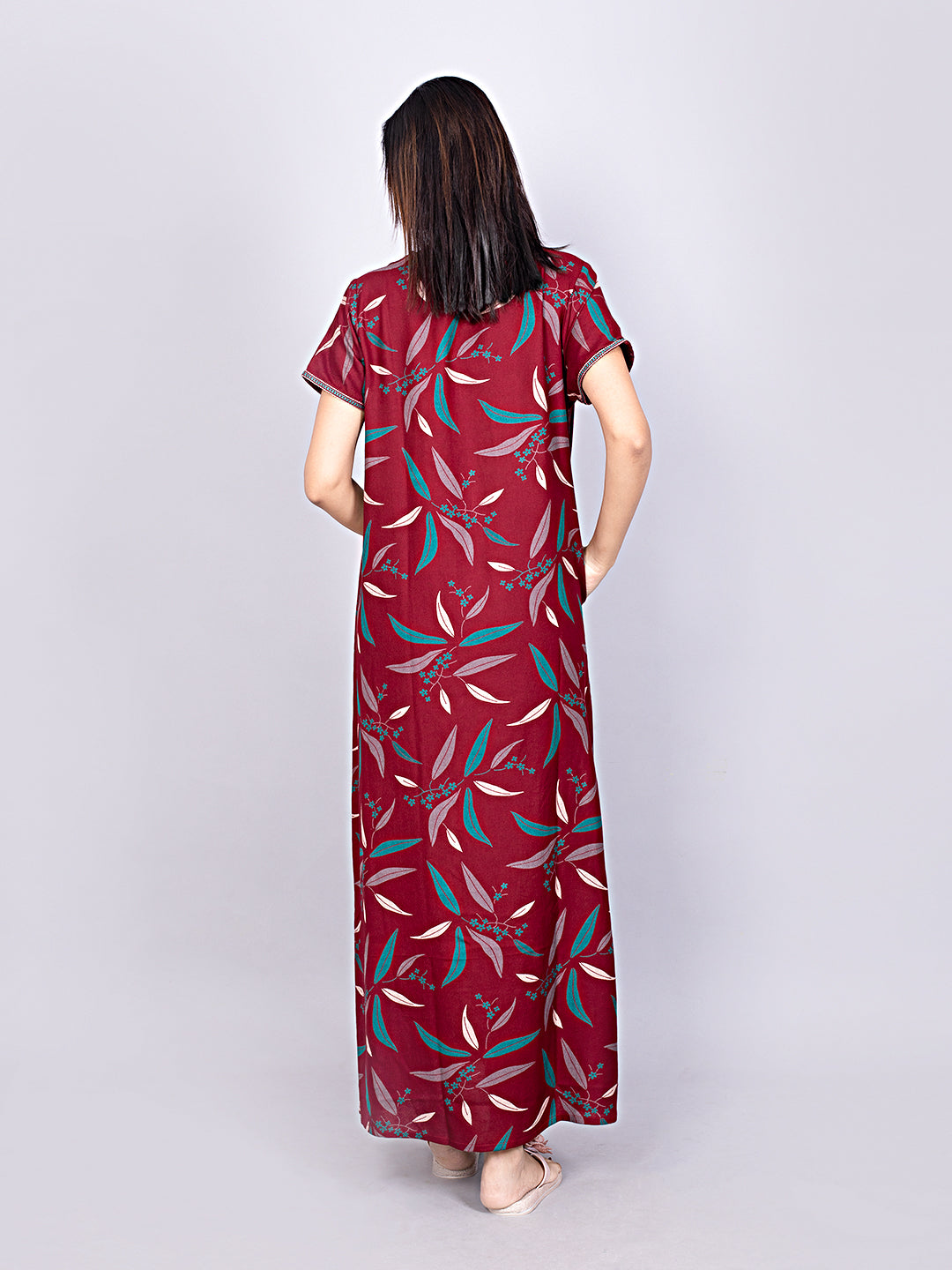 Printed Short Sleeves Full Length Night Wear Gown