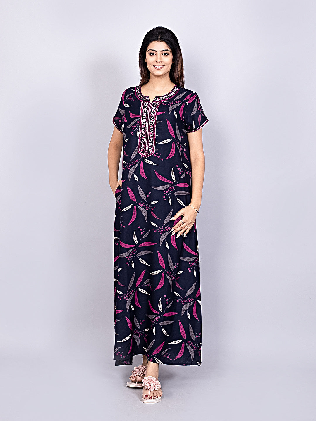 Alpine Nighty with Side Pocket & Neckline Embroidery | Printed