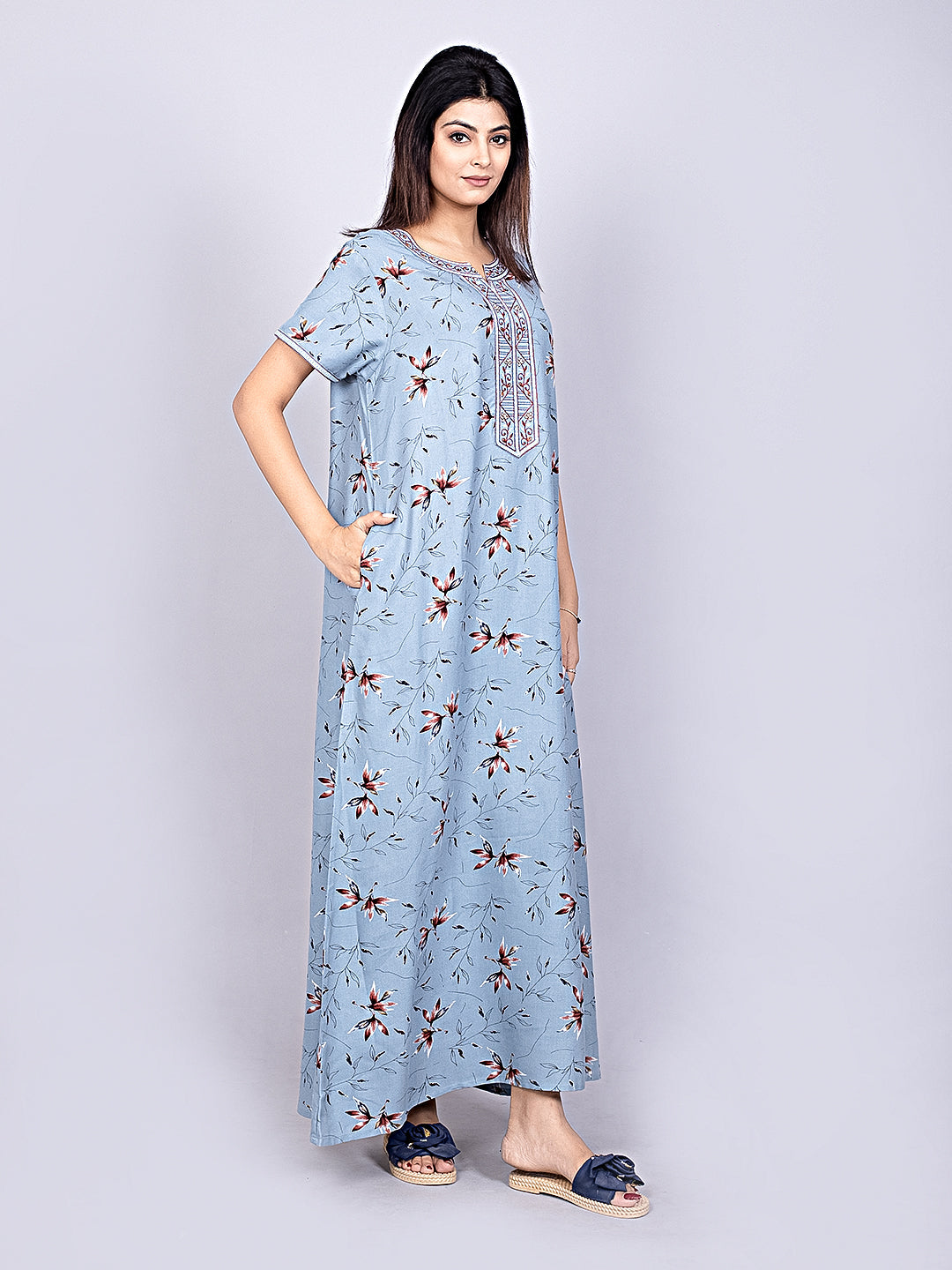 Printed Short Sleeves Full Length Night Wear Gown