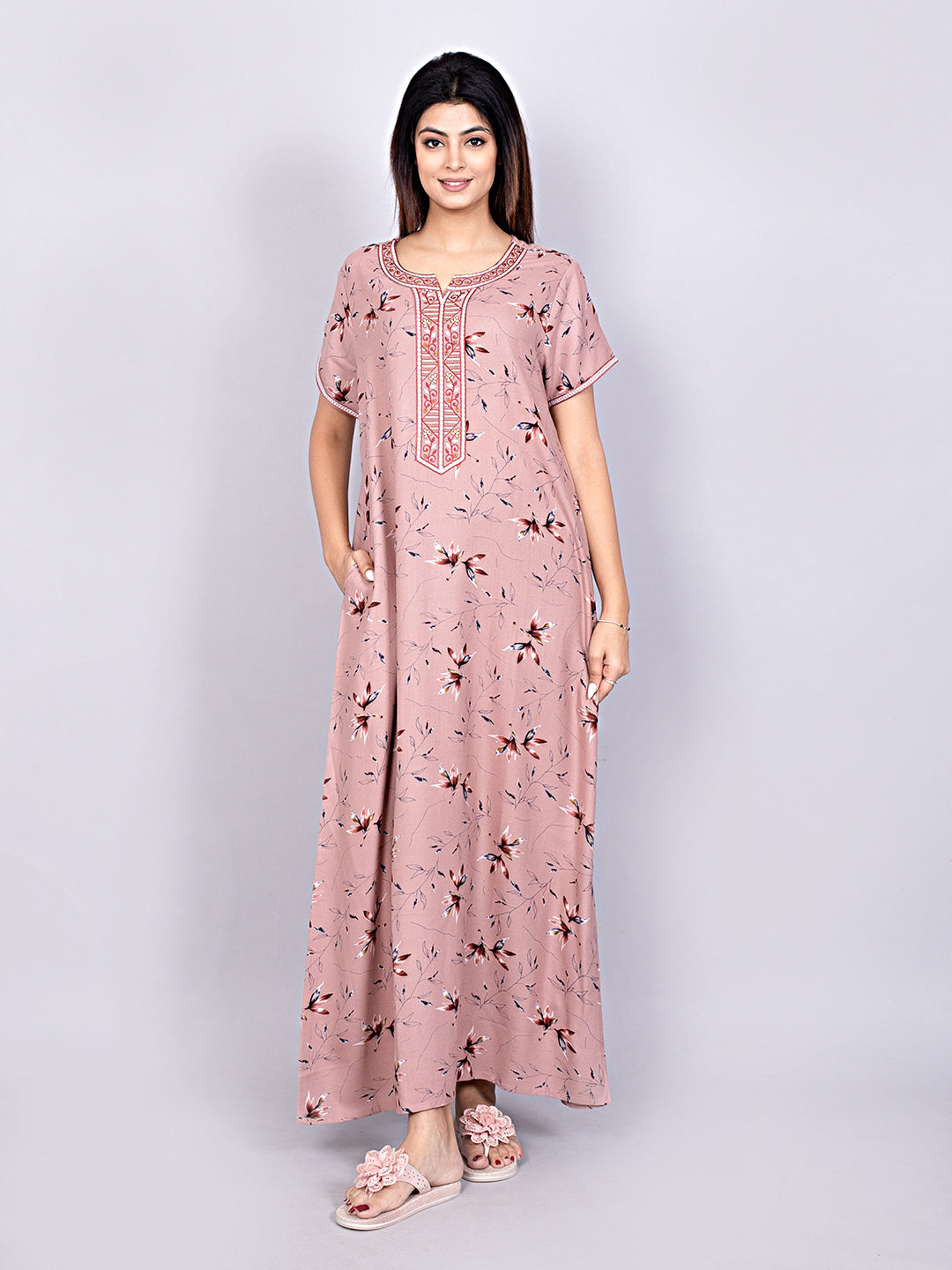 Printed Short Sleeves Full Length Night Wear Gown