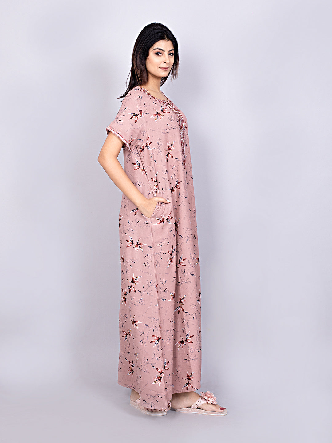 Printed Short Sleeves Full Length Night Wear Gown