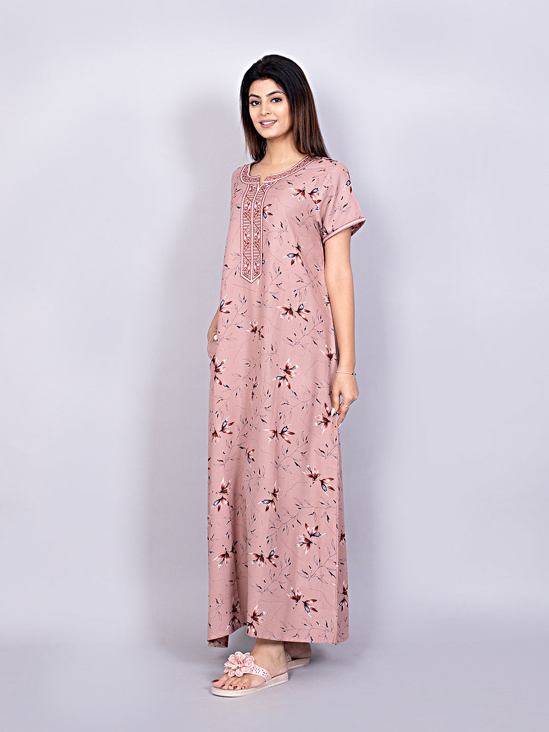 Printed Short Sleeves Full Length Night Wear Gown