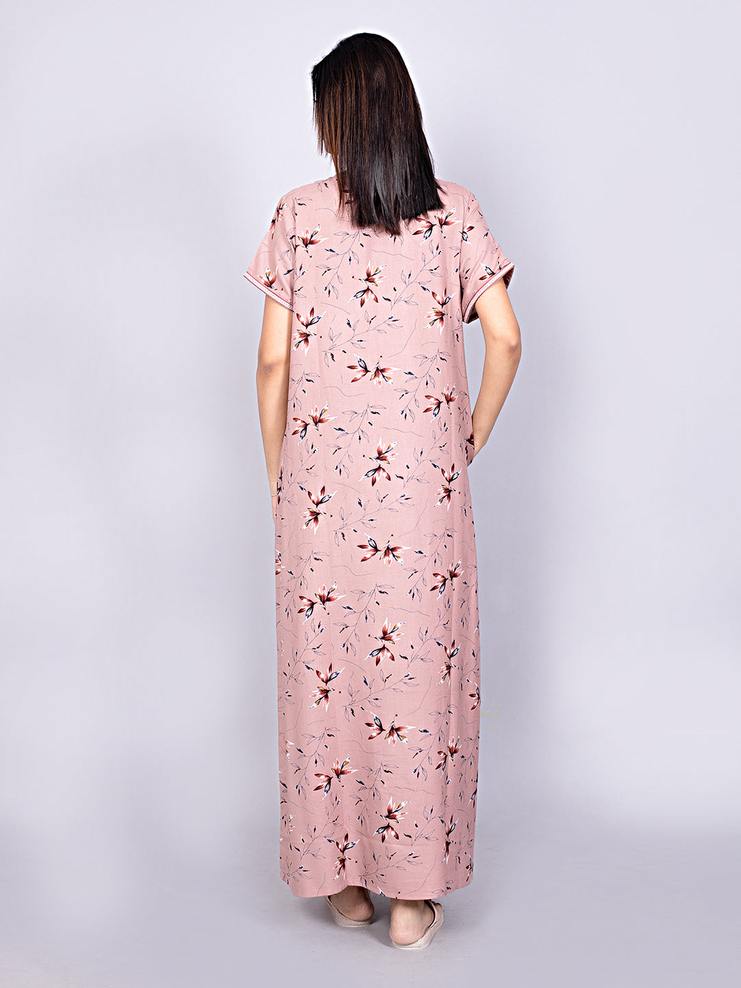 Printed Short Sleeves Full Length Night Wear Gown