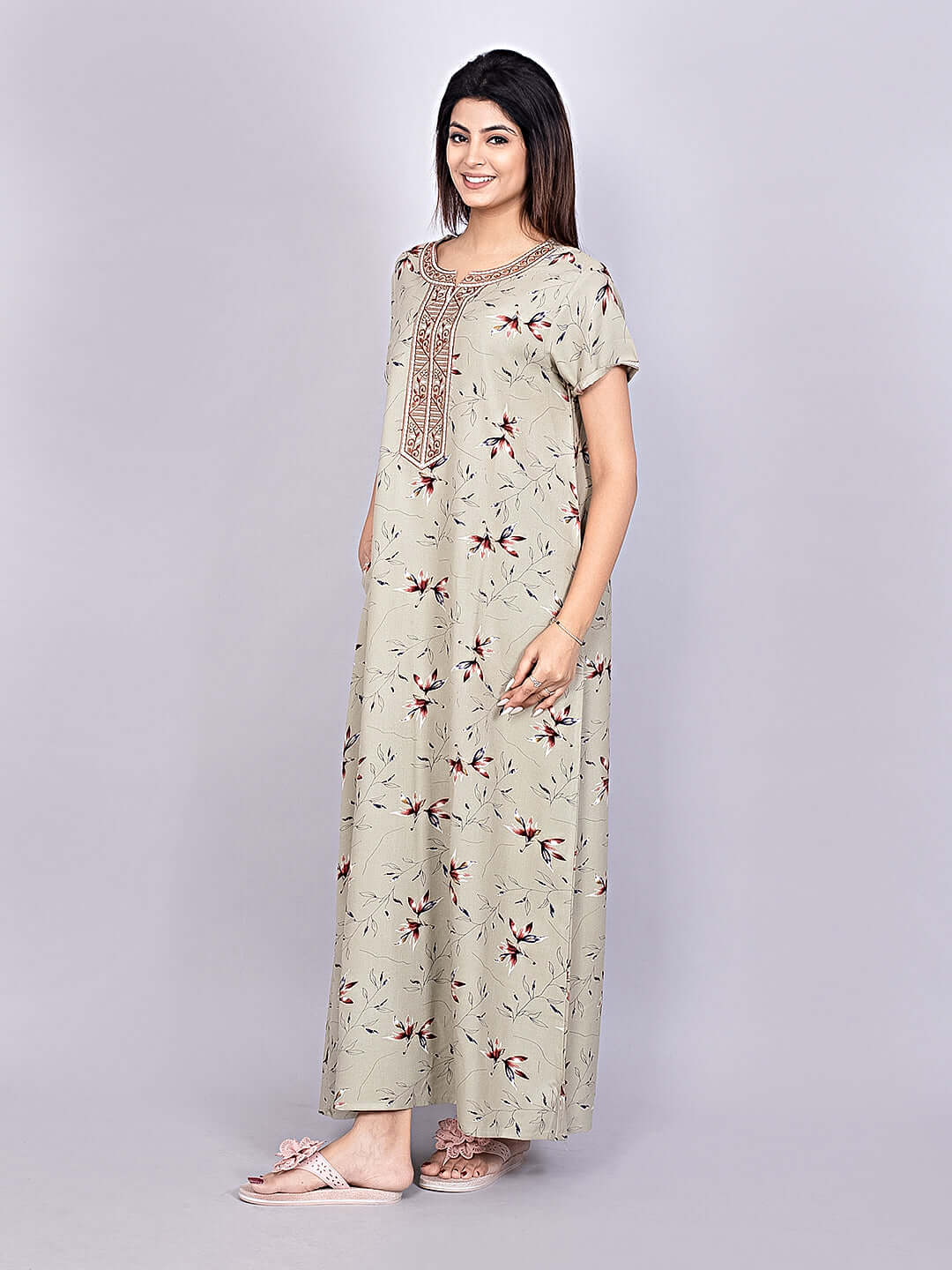 Printed Short Sleeves Full Length Night Wear Gown