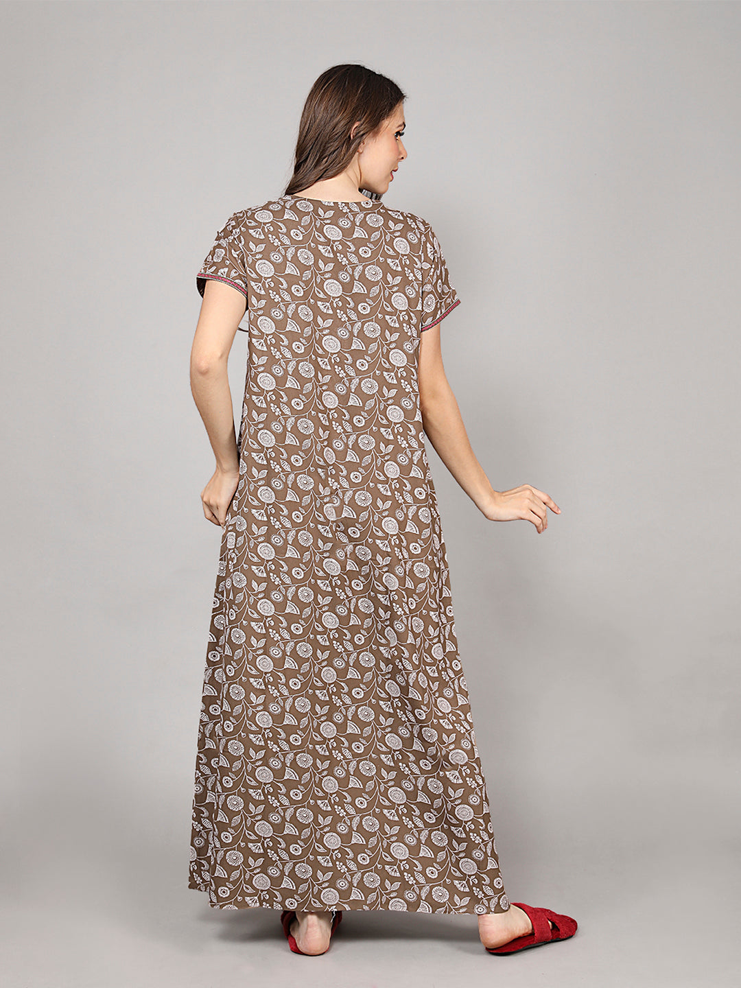 Printed Short Sleeves Full Length Night Wear Gown