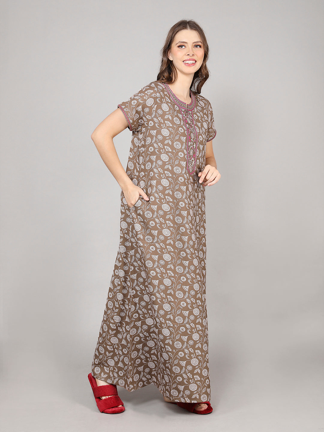 Printed Short Sleeves Full Length Night Wear Gown