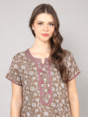 Alpine Nighty with Side Pocket & Neckline Embroidery | Printed