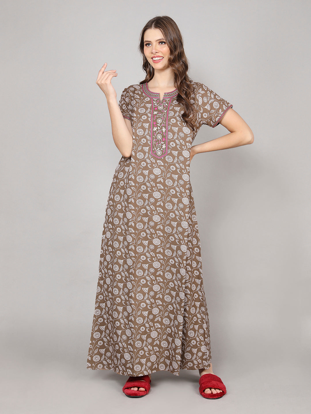 Printed Short Sleeves Full Length Night Wear Gown