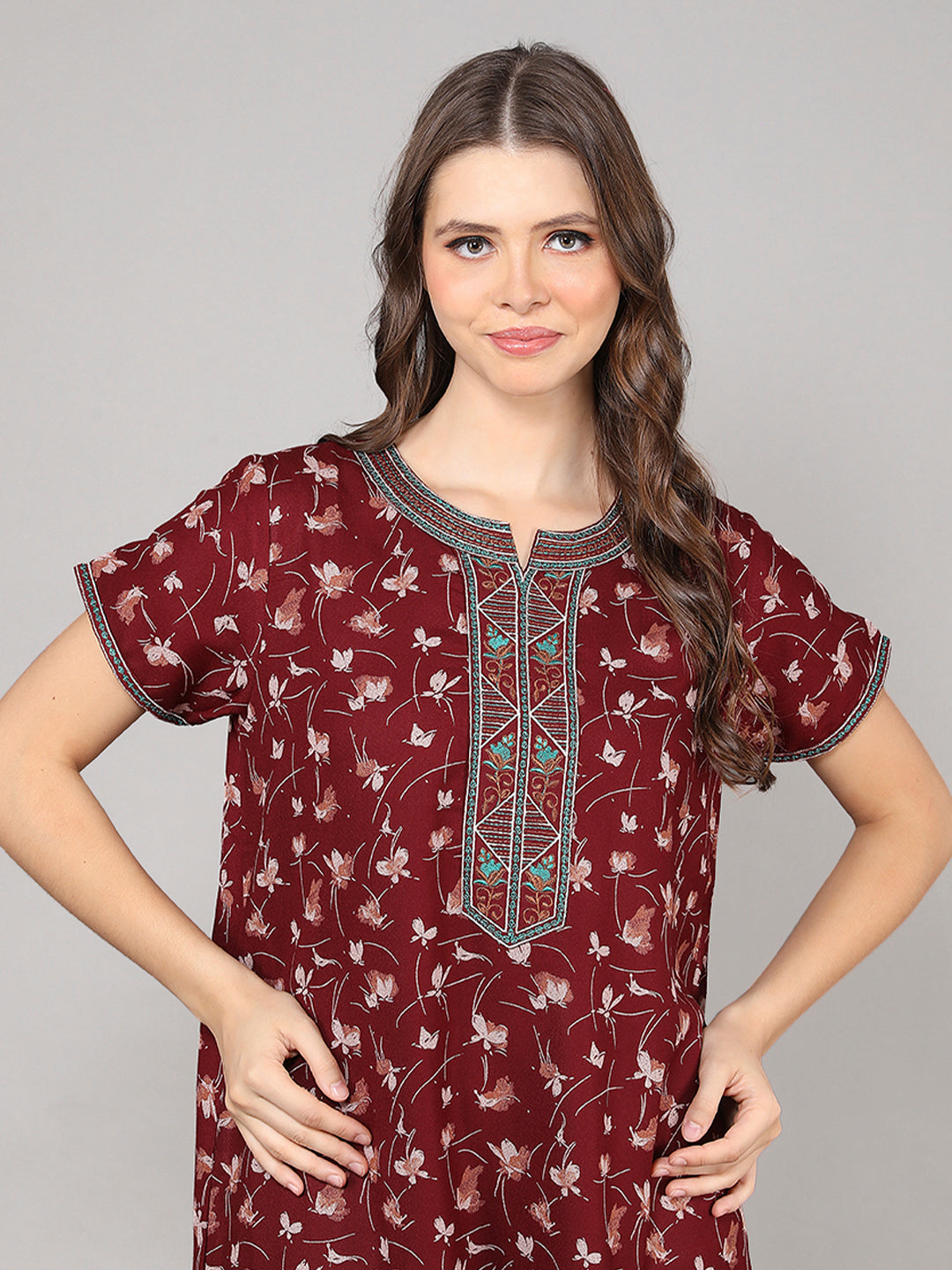 Printed Short Sleeves Full Length Night Wear Gown