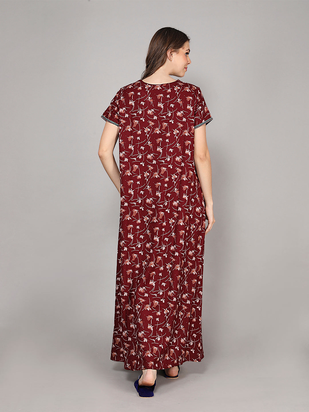 Printed Short Sleeves Full Length Night Wear Gown