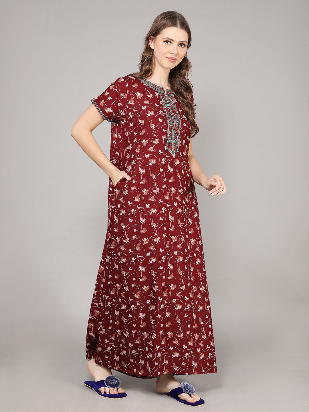 Printed Short Sleeves Full Length Night Wear Gown