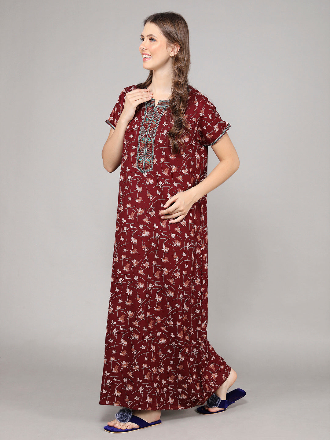 Printed Short Sleeves Full Length Night Wear Gown