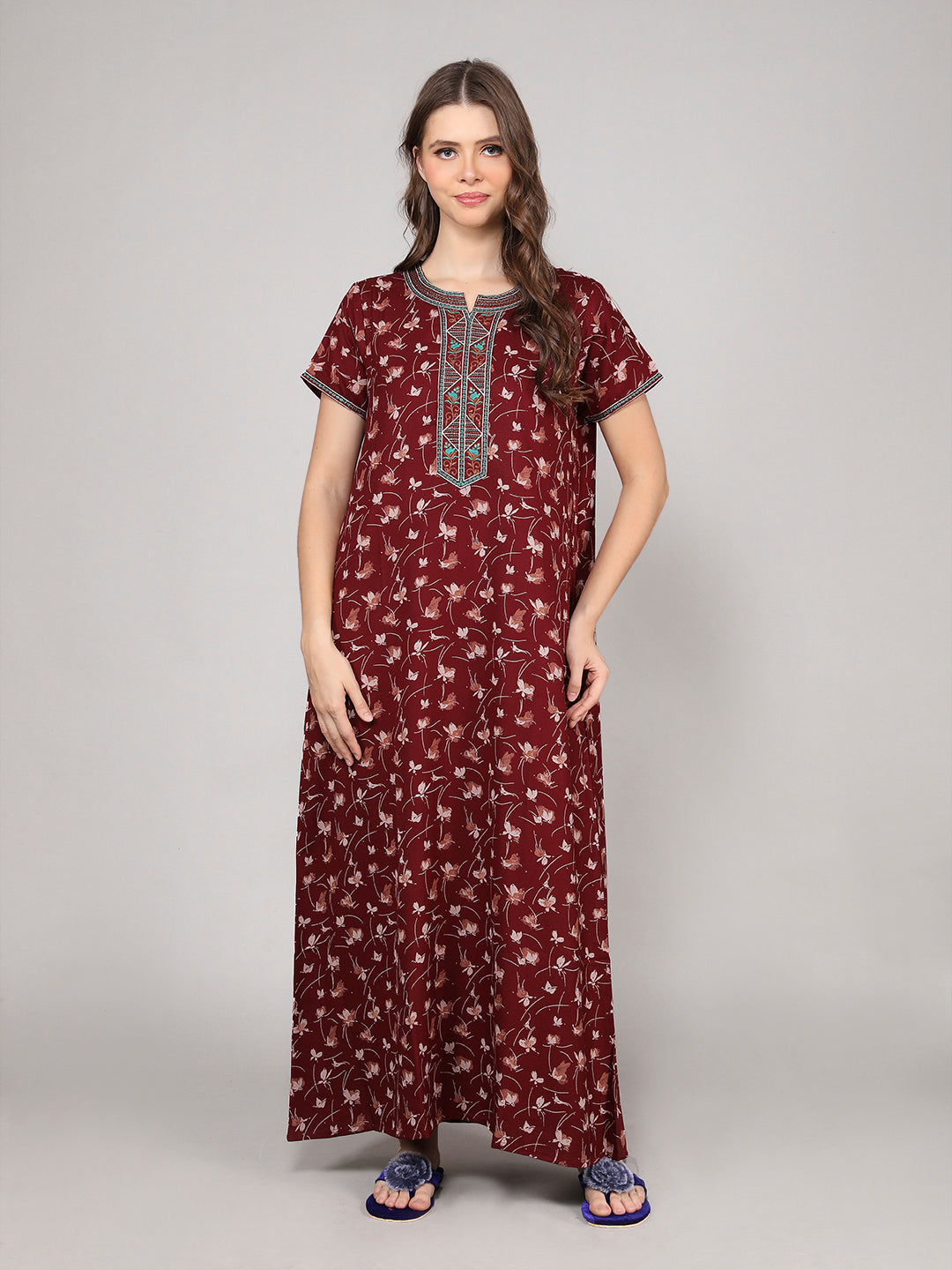 Printed Short Sleeves Full Length Night Wear Gown