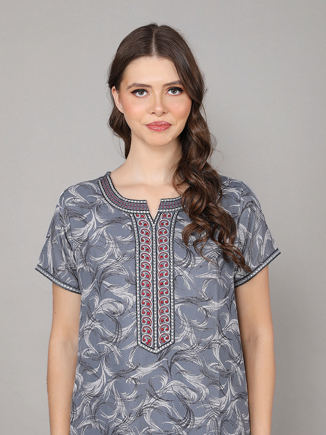 Printed Short Sleeves Full Length Night Wear Gown