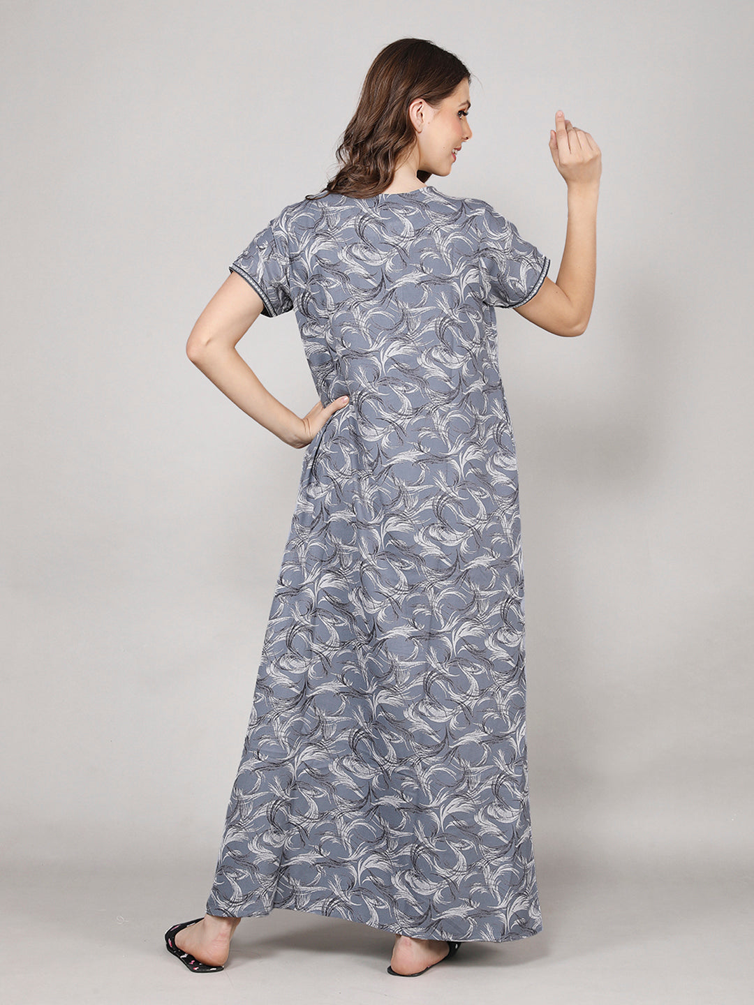 Printed Short Sleeves Full Length Night Wear Gown