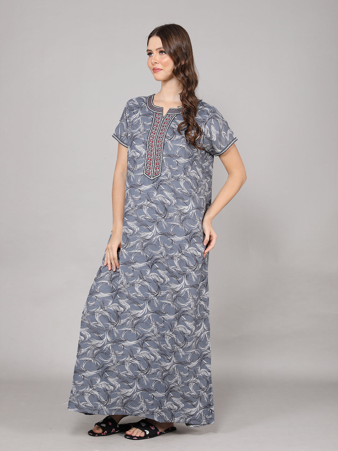 Printed Short Sleeves Full Length Night Wear Gown