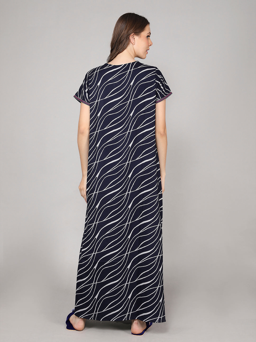 Printed Short Sleeves Full Length Night Wear Gown