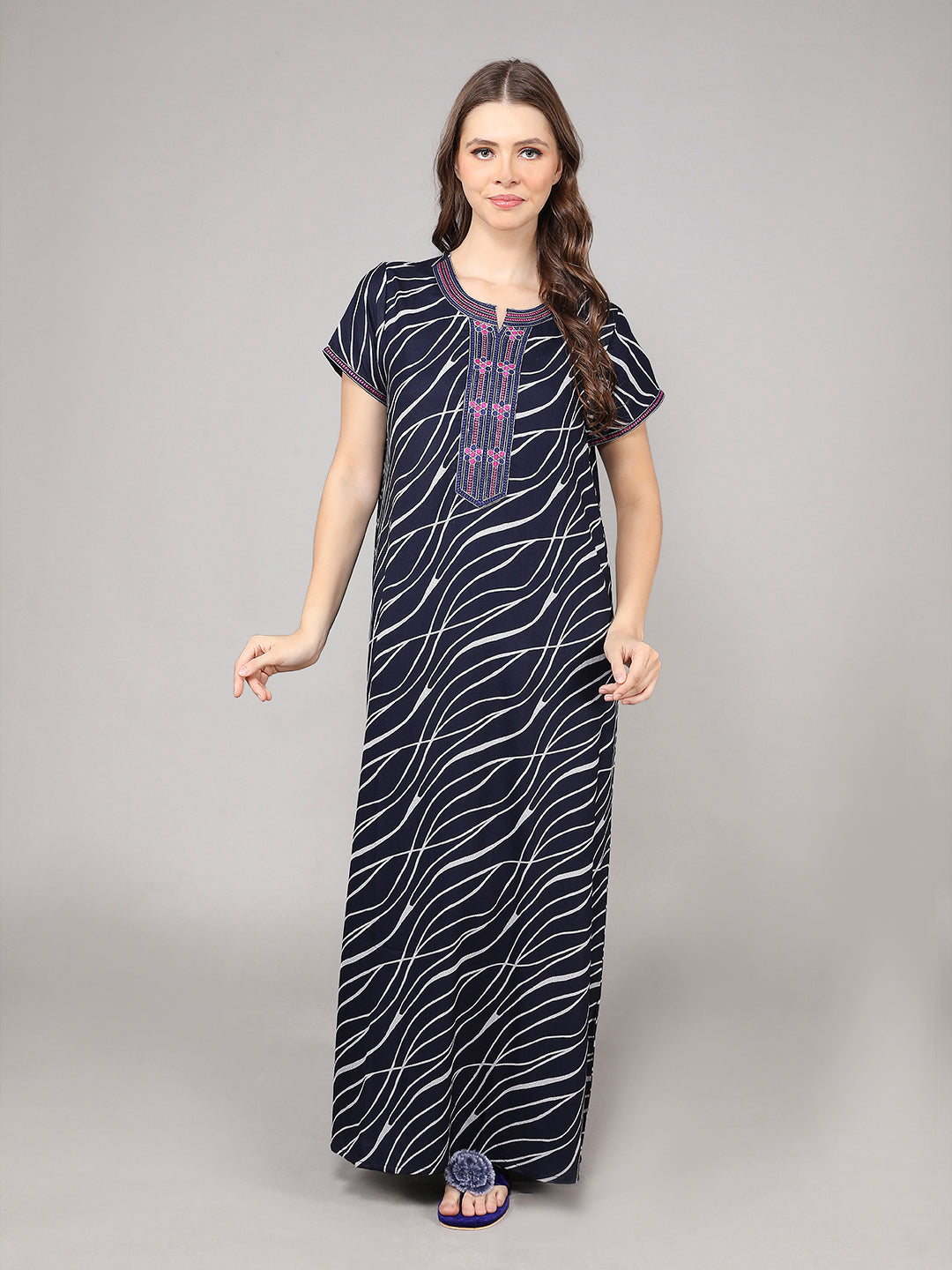 Printed Short Sleeves Full Length Night Wear Gown