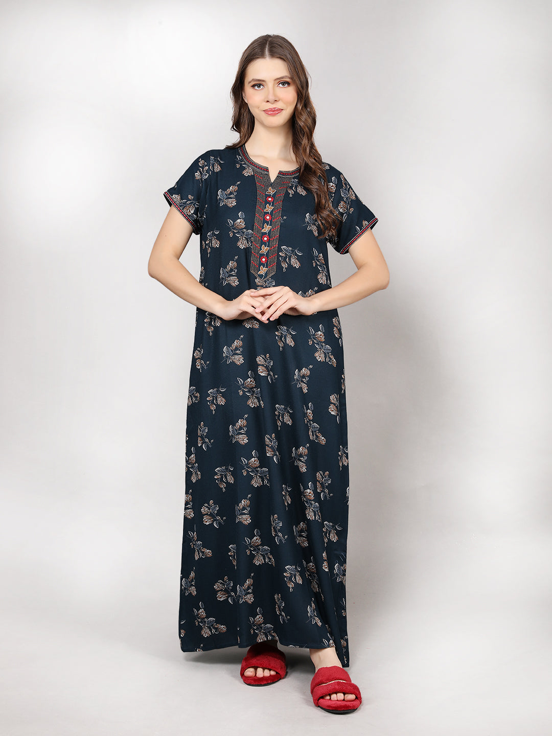 Printed Short Sleeves Full Length Night Wear Gown