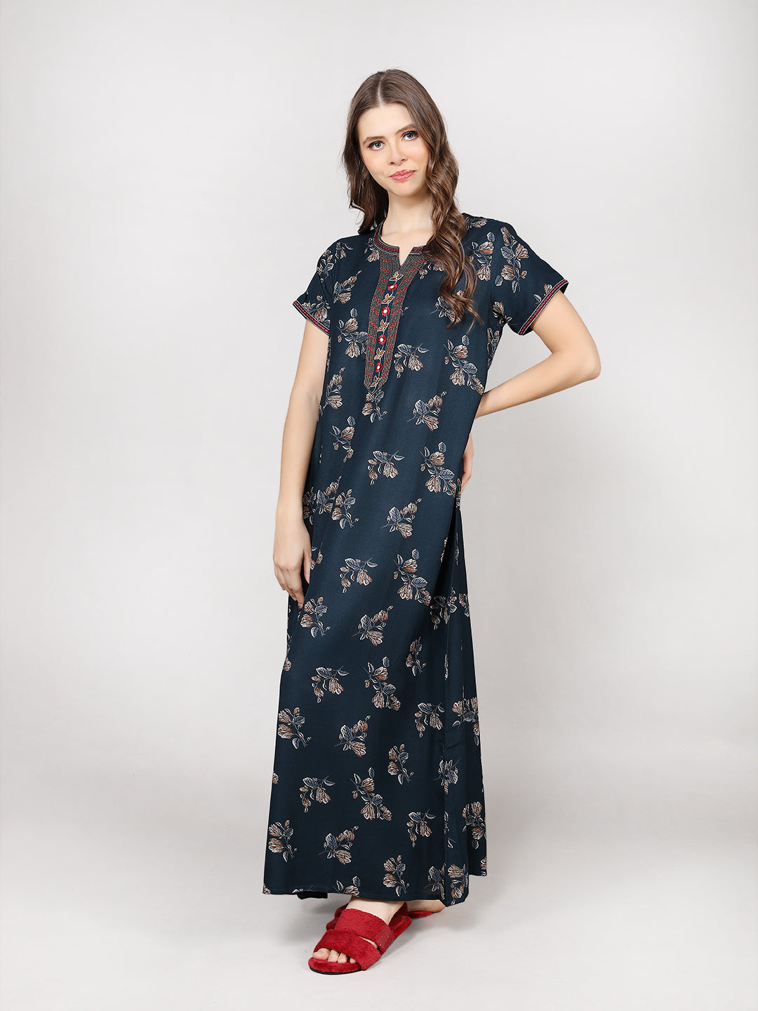 Printed Short Sleeves Full Length Night Wear Gown