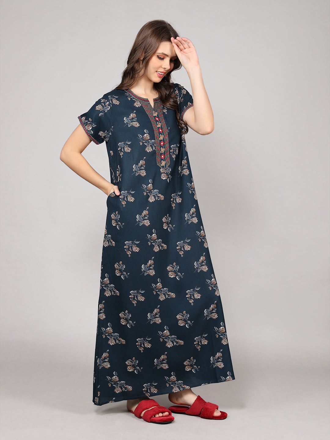 Printed Short Sleeves Full Length Night Wear Gown