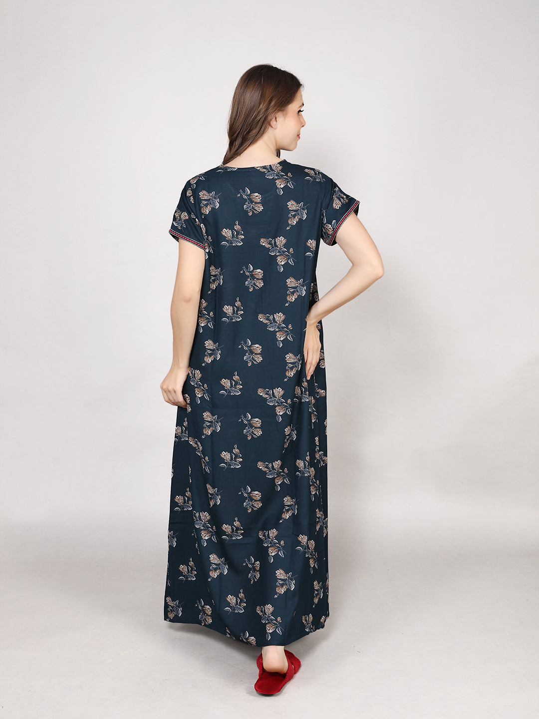 Printed Short Sleeves Full Length Night Wear Gown