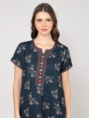 Alpine Nighty with Side Pocket & Neckline Embroidery | Printed