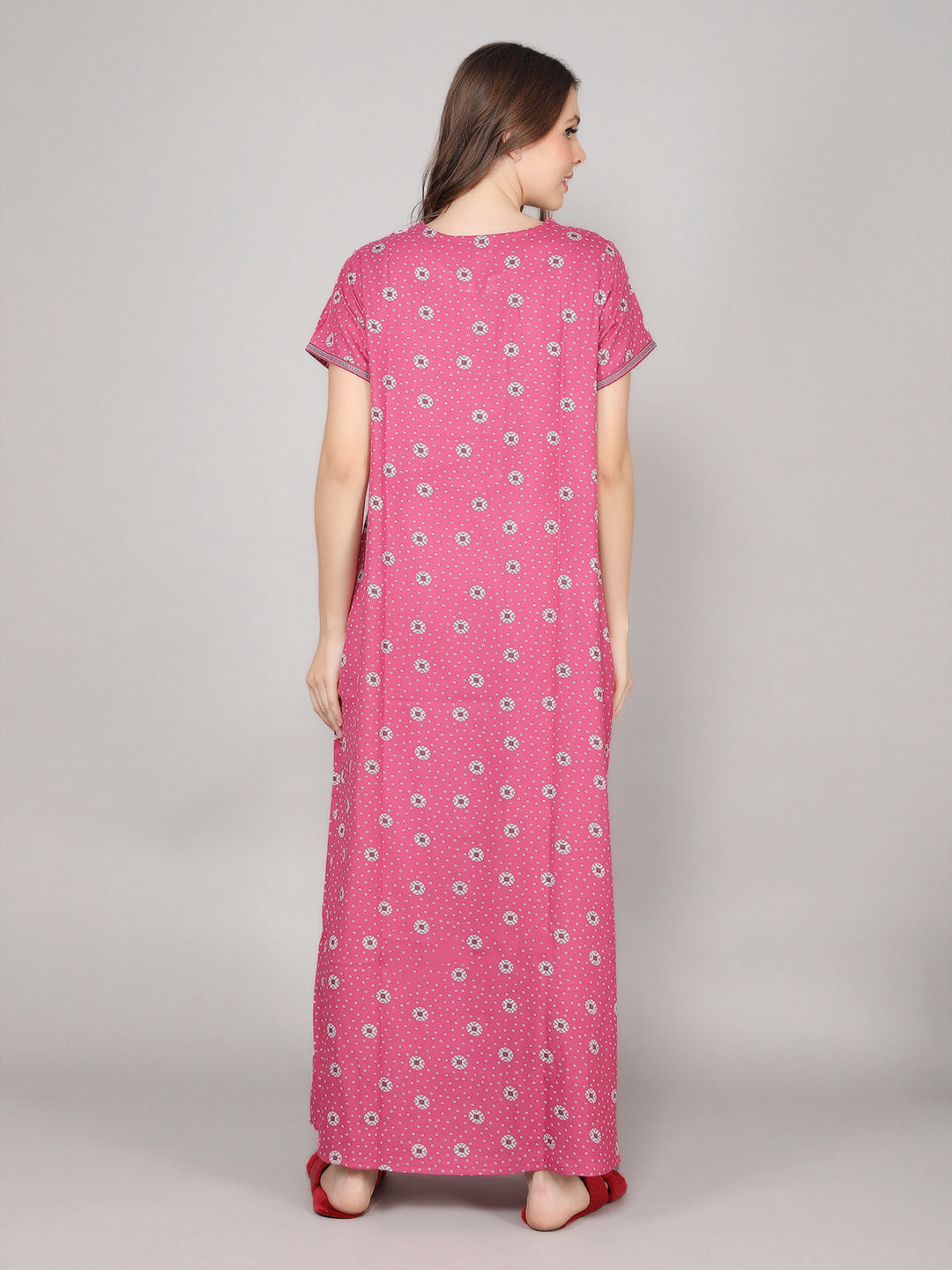 Printed Short Sleeves Full Length Night Wear Gown