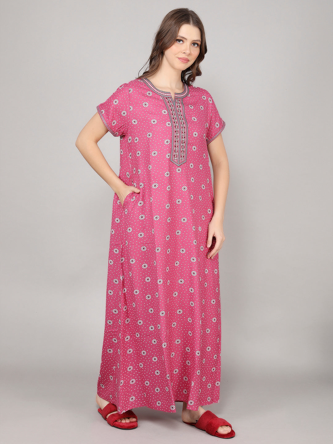 Printed Short Sleeves Full Length Night Wear Gown