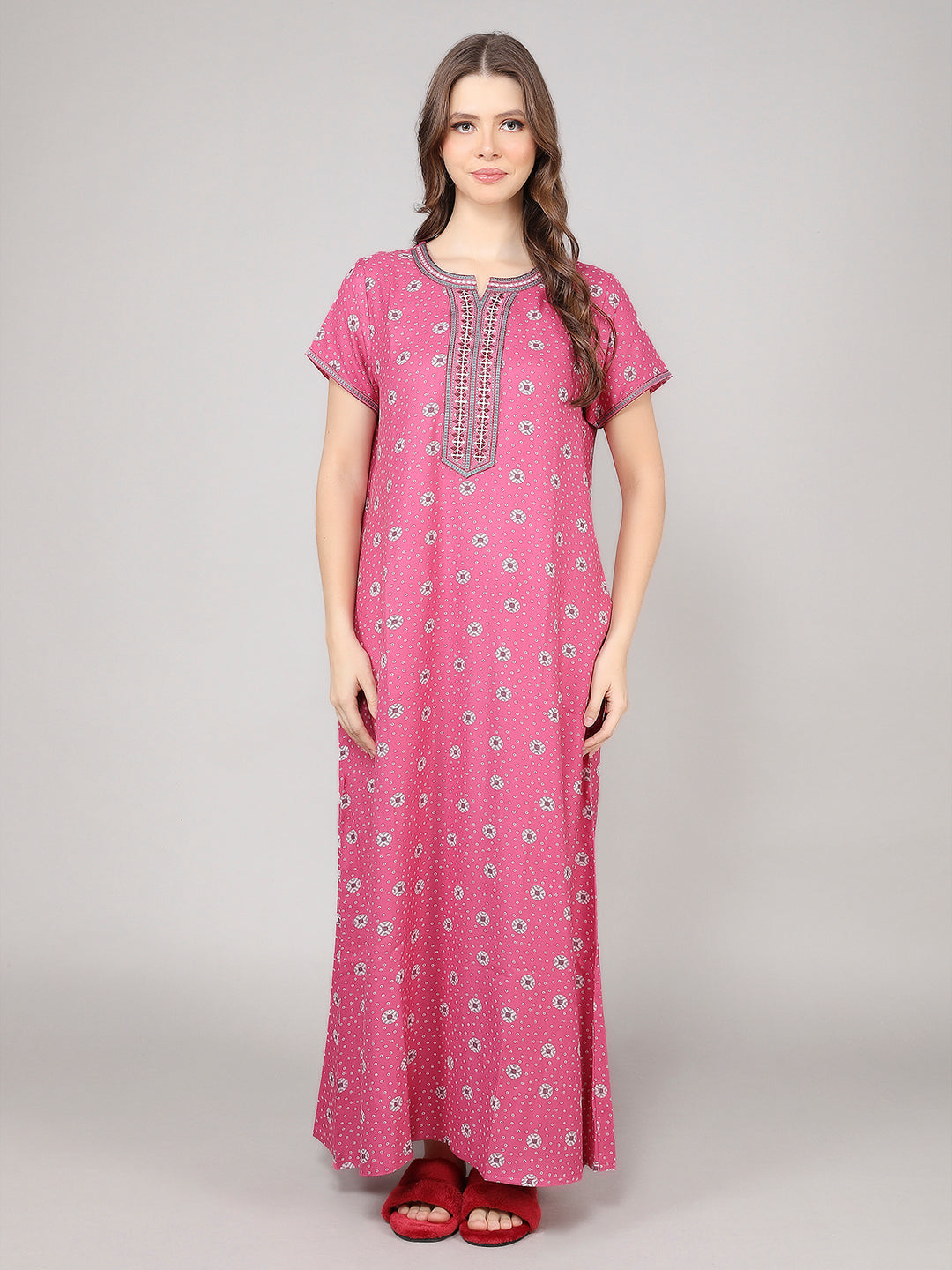 Printed Short Sleeves Full Length Night Wear Gown