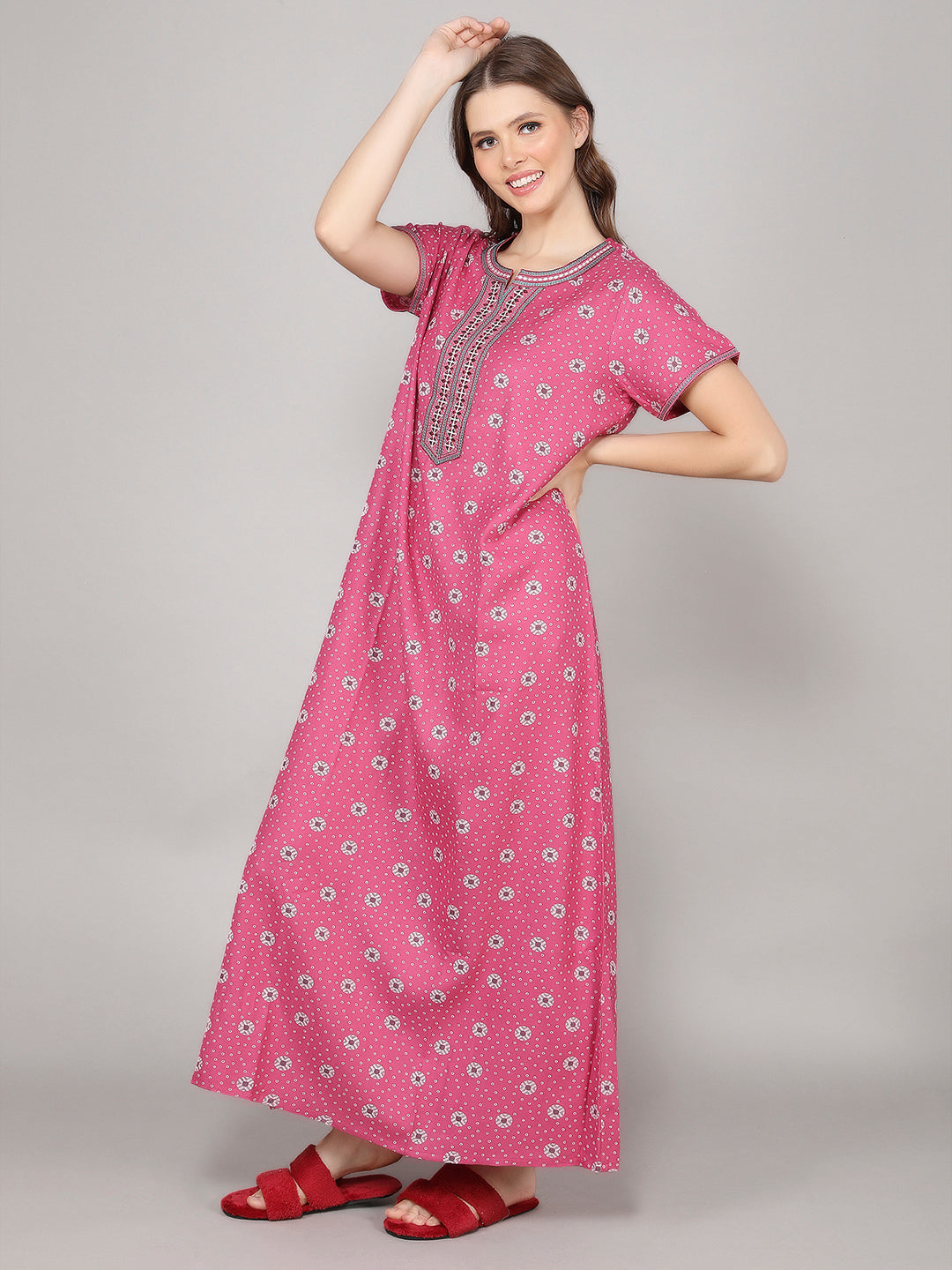 Printed Short Sleeves Full Length Night Wear Gown