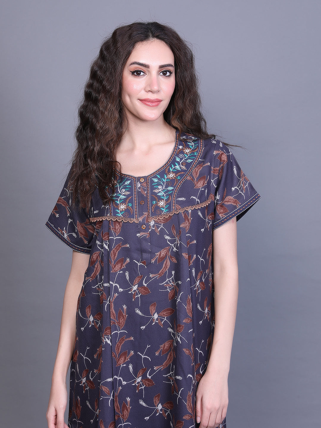 Alpine Nighty with Side Pocket & Neckline Embroidery | Printed