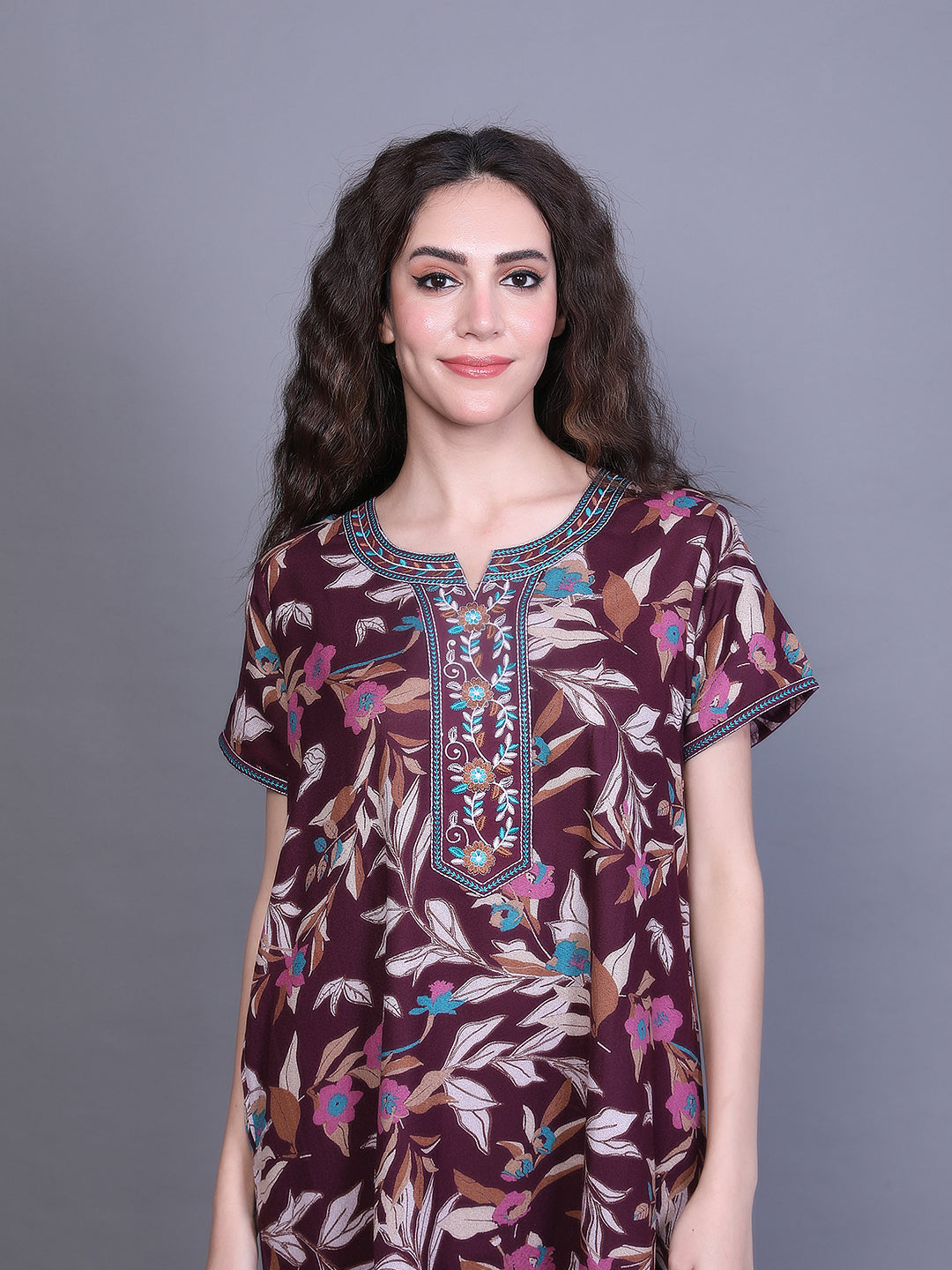 Alpine Nighty with Side Pocket & Neckline Embroidery | Printed