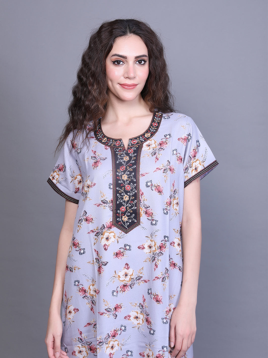 Alpine Nighty with Side Pocket & Neckline Embroidery | Printed