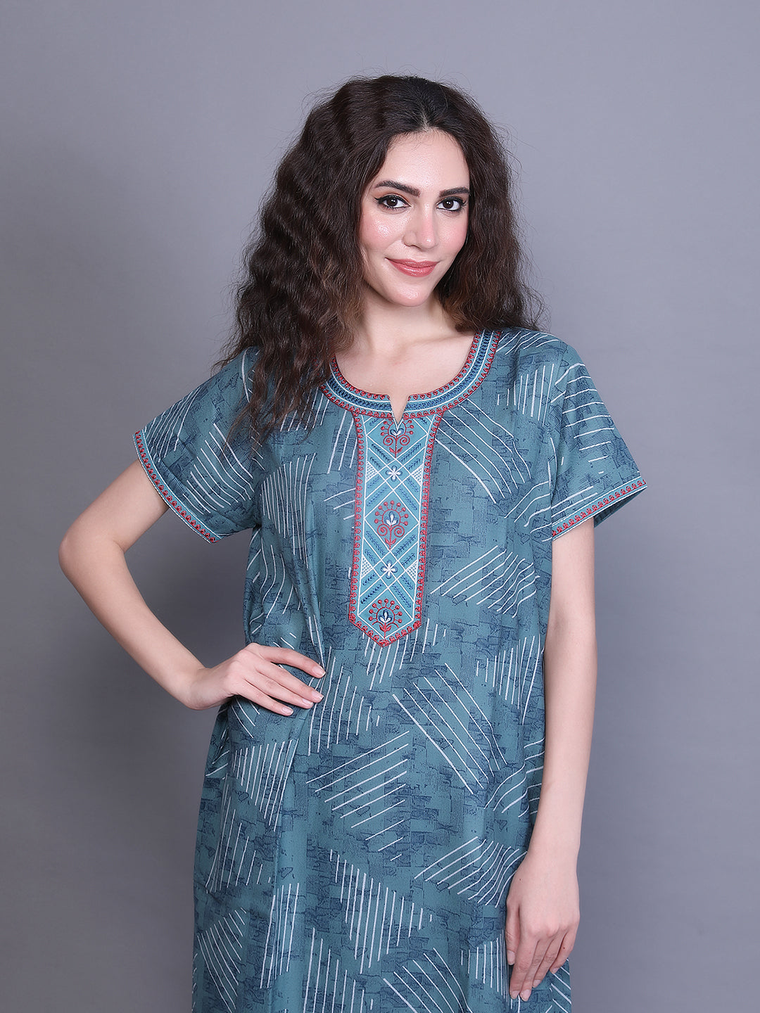 Alpine Nighty with Side Pocket & Neckline Embroidery | Printed