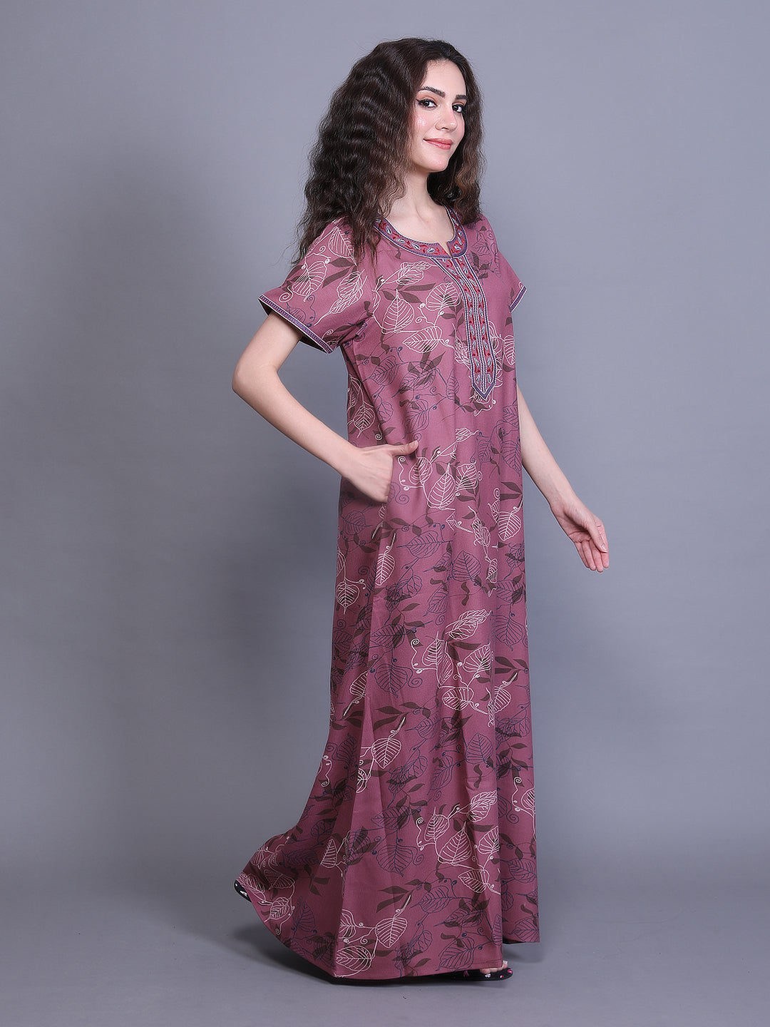 Alpine Nighty with Side Pocket & Neckline Embroidery | Printed