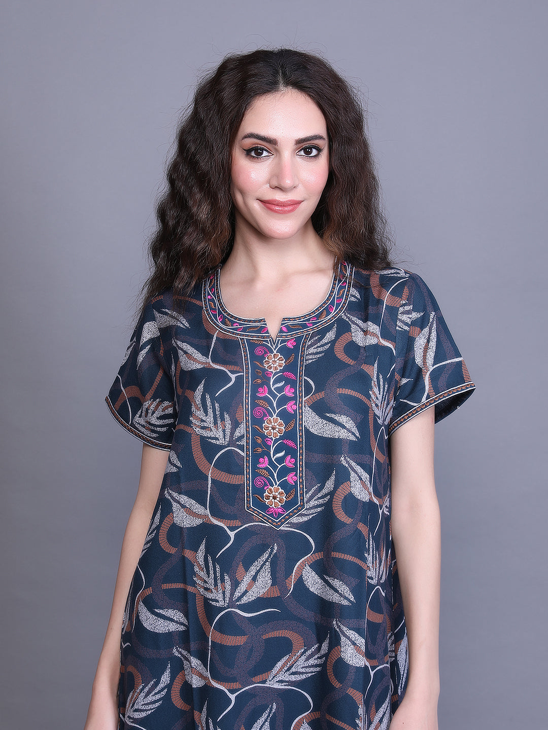 Alpine Nighty with Side Pocket & Neckline Embroidery | Printed