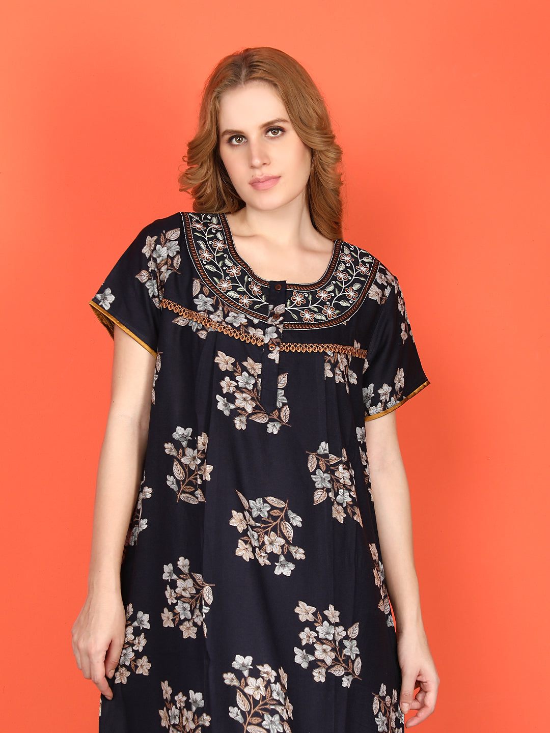 🌸  Evolove Alpine Nighty with Side Pocket & Neckline Embroidery | Printed Fabric