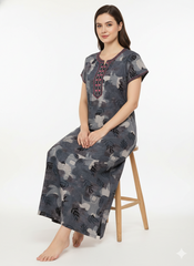 🌸 Alpine Women’s Printed Long Nightgown | Short Sleeves | Full-Length | Side Pocket | Soft Comfortable Nightwear