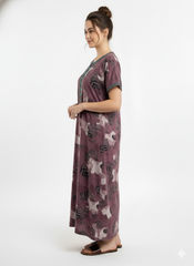 🌸 Alpine Women’s Printed Long Nightgown | Short Sleeves | Full-Length | Side Pocket | Soft Comfortable Nightwear