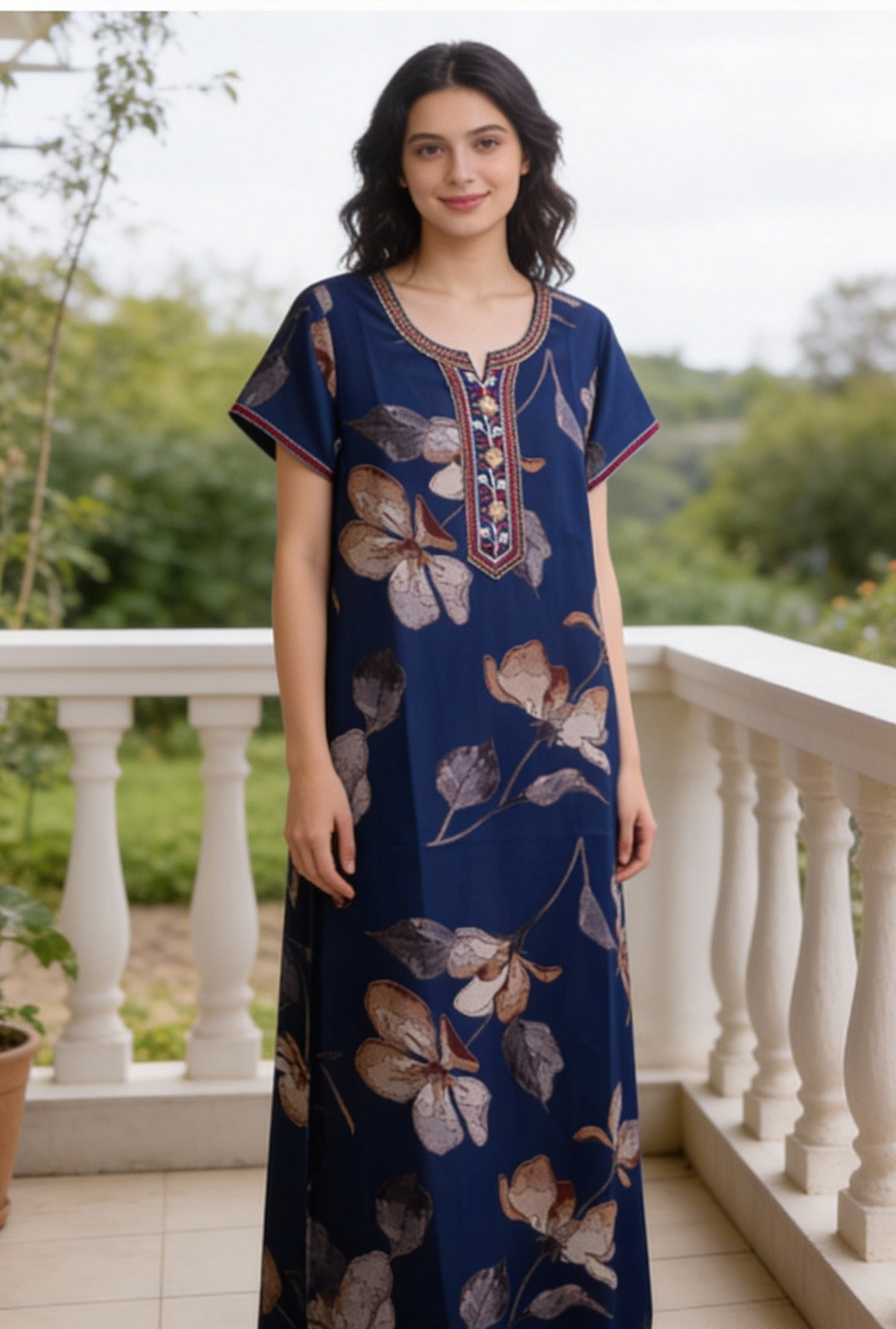 🌸 Alpine Women’s Printed Long Nightgown | Short Sleeves | Full-Length | Side Pocket | Soft Comfortable Nightwear