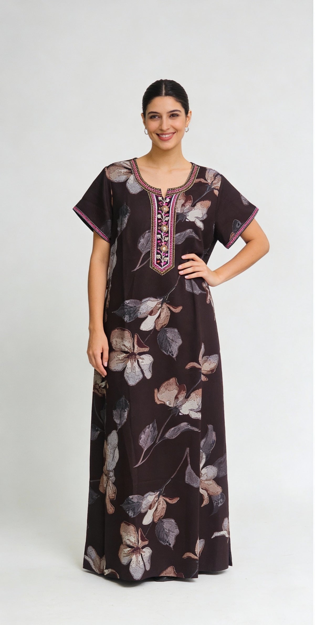 🌸 Alpine Women’s Printed Long Nightgown | Short Sleeves | Full-Length | Side Pocket | Soft Comfortable Nightwear