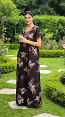 🌸 Alpine Women’s Printed Long Nightgown | Short Sleeves | Full-Length | Side Pocket | Soft Comfortable Nightwear