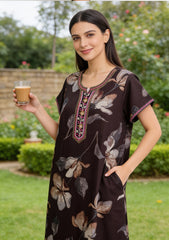 🌸 Alpine Women’s Printed Long Nightgown | Short Sleeves | Full-Length | Side Pocket | Soft Comfortable Nightwear