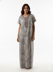 🌸 Alpine Women’s Printed Long Nightgown | Short Sleeves | Full-Length | Side Pocket | Soft Comfortable Nightwear