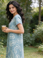 🌸 Alpine Women’s Printed Long Nightgown | Short Sleeves | Full-Length | Side Pocket | Soft Comfortable Nightwear