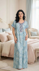 🌸 Alpine Women’s Printed Long Nightgown | Short Sleeves | Full-Length | Side Pocket | Soft Comfortable Nightwear