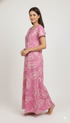 🌸 Alpine Women’s Printed Long Nightgown | Short Sleeves | Full-Length | Side Pocket | Soft Comfortable Nightwear